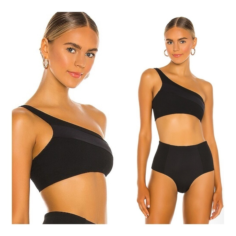 L*Space | Celeste One Shoulder Ribbed French Bikini Top In Black | XS